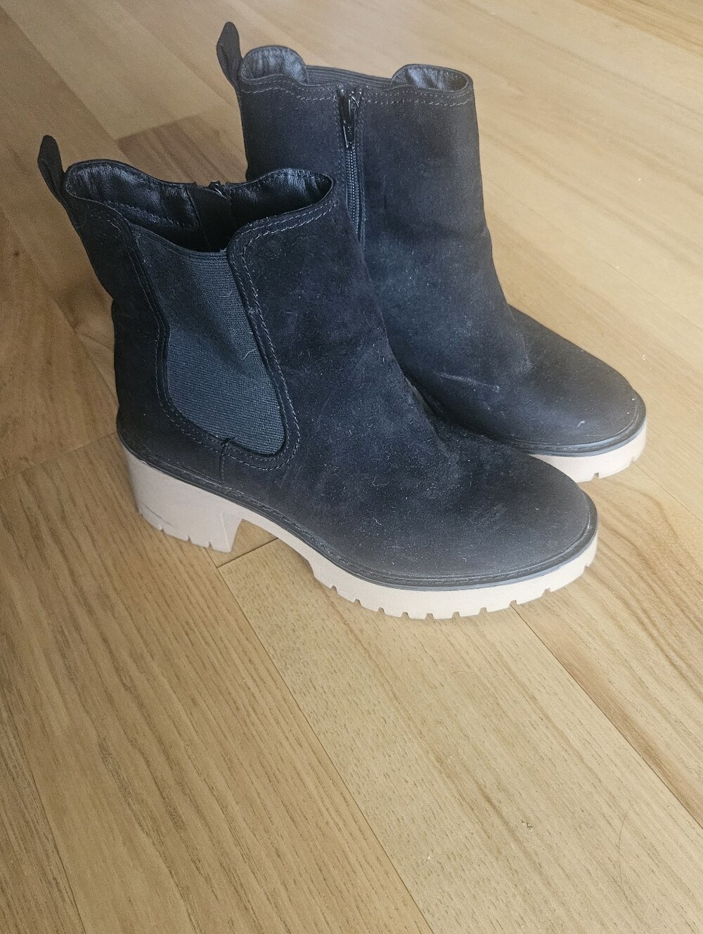 Universal Thread Black Suede Chelsea Booties with Cream Lug Sole